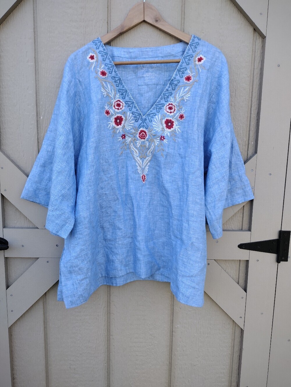 Kyla Seo Karyn Caite Top Embroidered Linen Tunic Blue 2XL. 